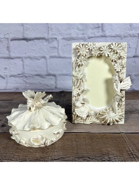 Unknown Other - VTG 1990s Fairy Daisy 3D Ivory Resin Set Picture Photo Frame Lidded Trinket Box